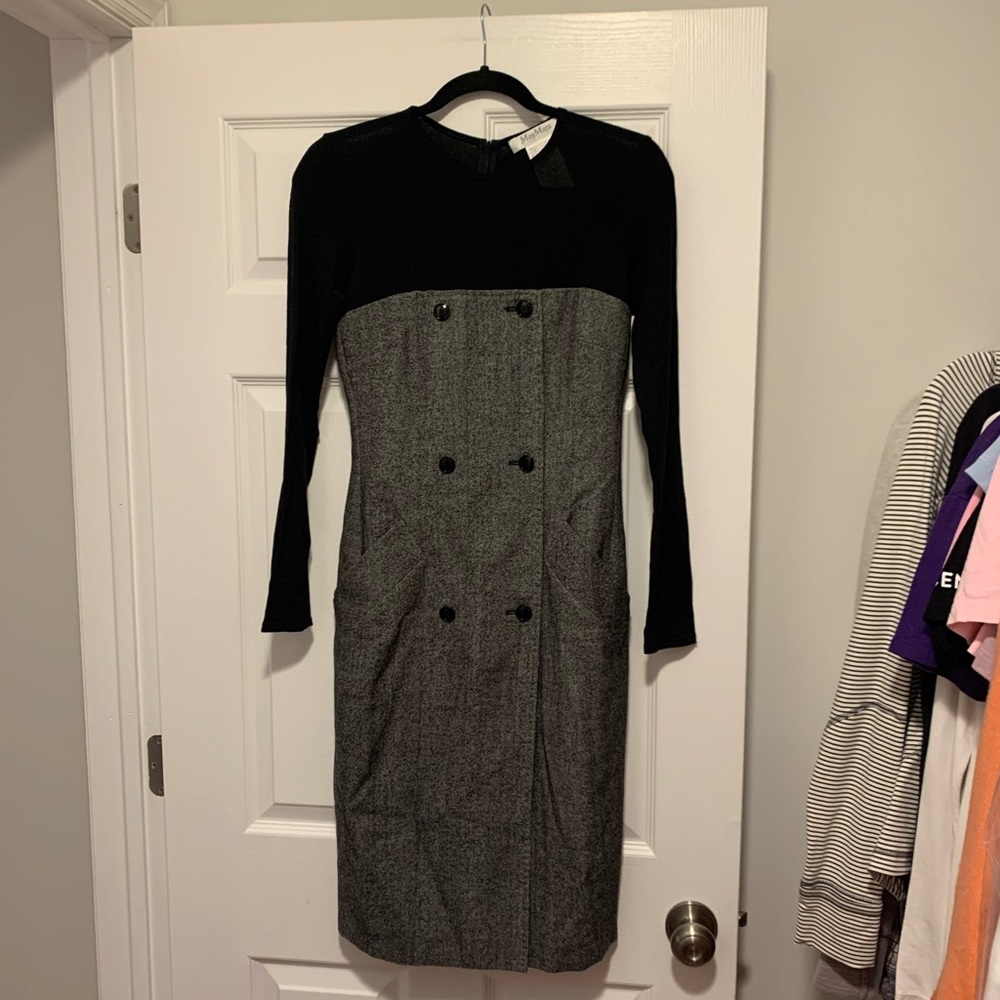 MaxMara Gray Black Pocket Button Semi Sheer Dress